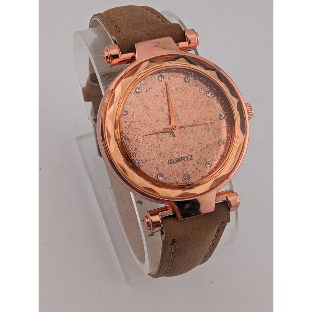 Women's Quartz Watch Rose Gold 34mm Case Brown Faux Leather Band- New Battery